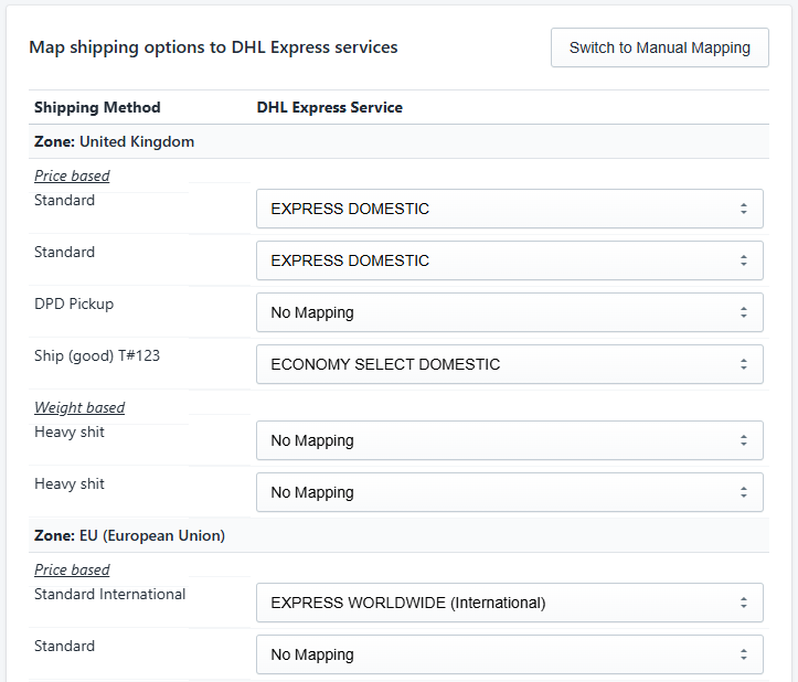 Shipping method mapping to DHL Express services