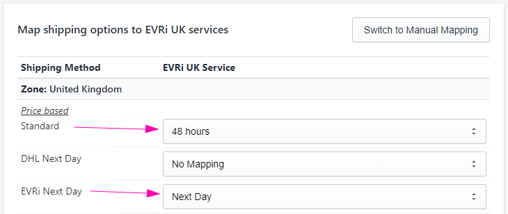 Shipping method mapping to EVRi services