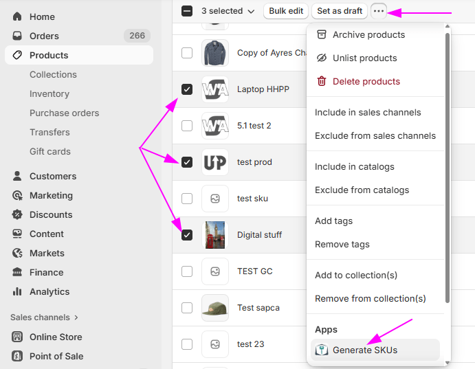 SKU product list selection